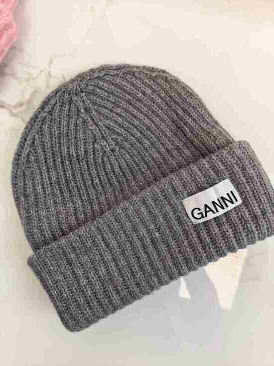 GANNI Grey Ribbed Knitted Cuffed Beanie Classic Logo Winter Warm Hat main image 4